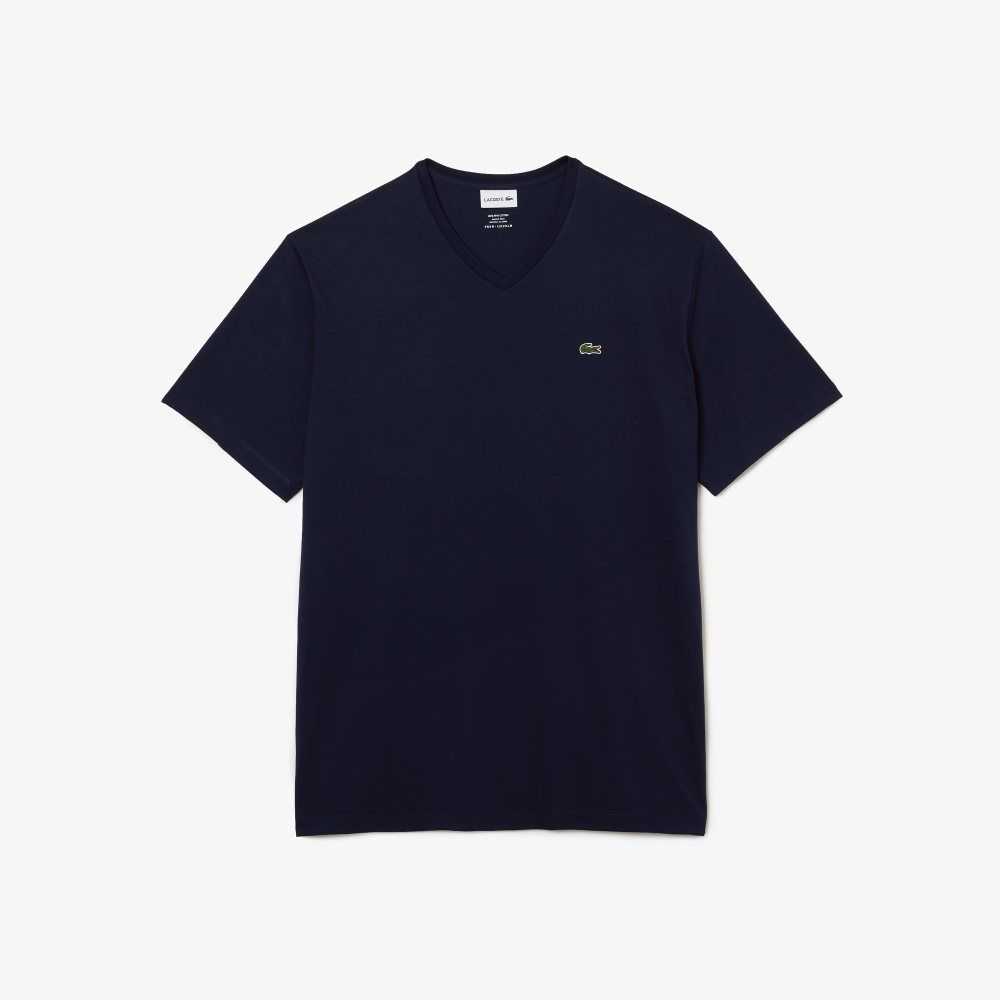 Navy Blue Lacoste Big Fit V-Neck Jersey T-Shirt | VUELJD-089