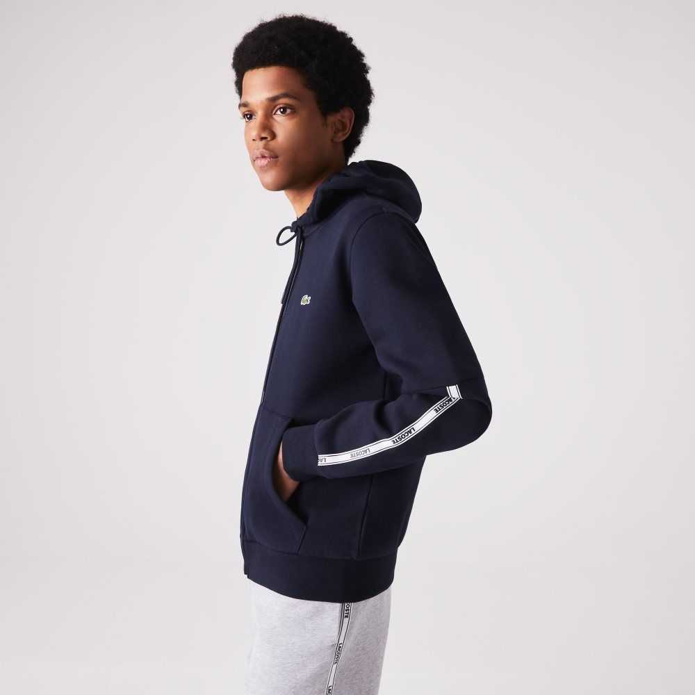 Navy Blue Lacoste Branded Bands Zippered Fleece Hoodie | RCAVEH-651