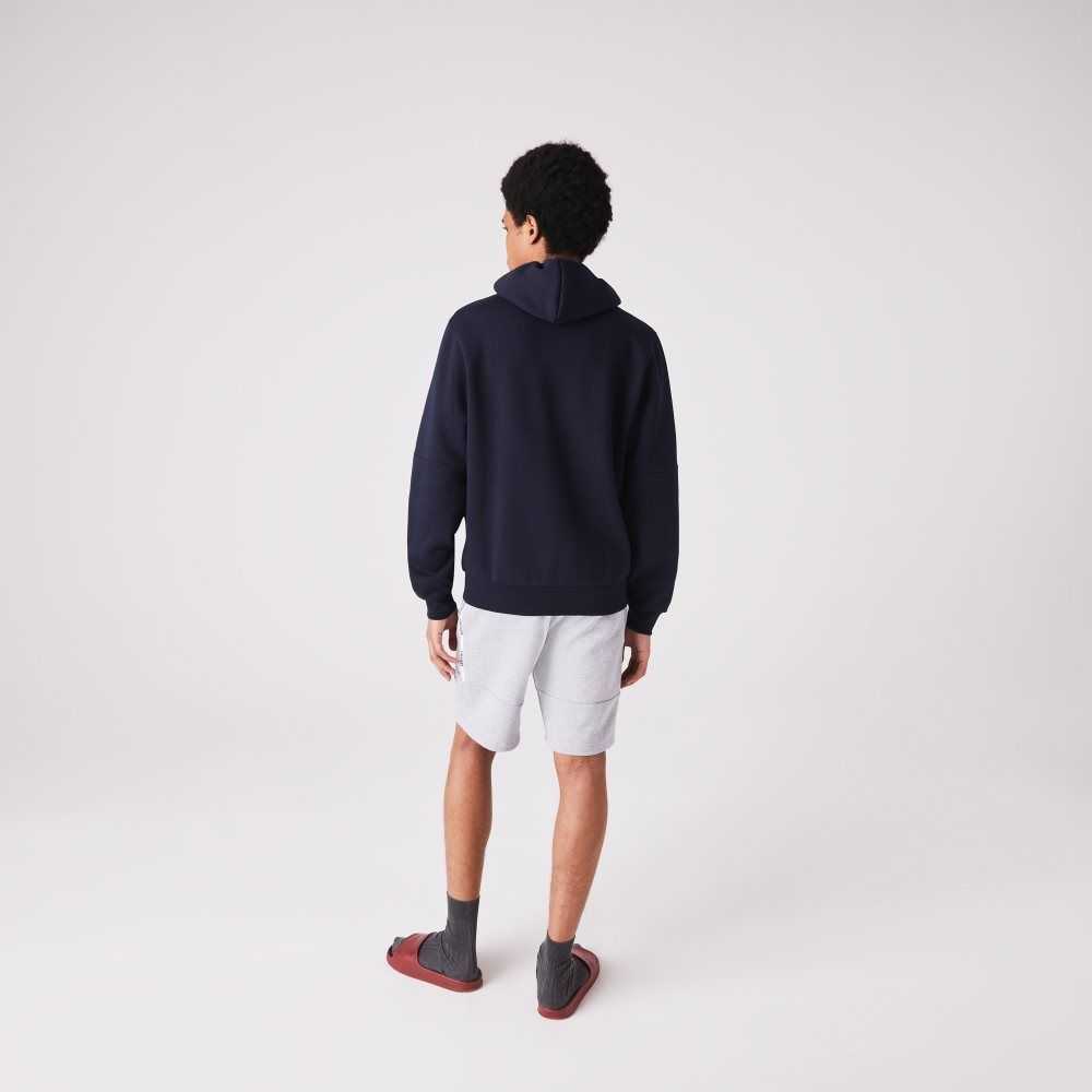 Navy Blue Lacoste Branded Bands Zippered Fleece Hoodie | RCAVEH-651