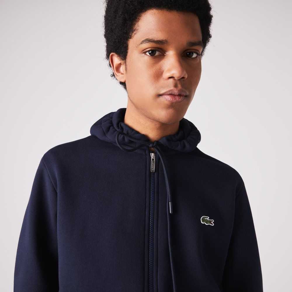 Navy Blue Lacoste Branded Bands Zippered Fleece Hoodie | RCAVEH-651