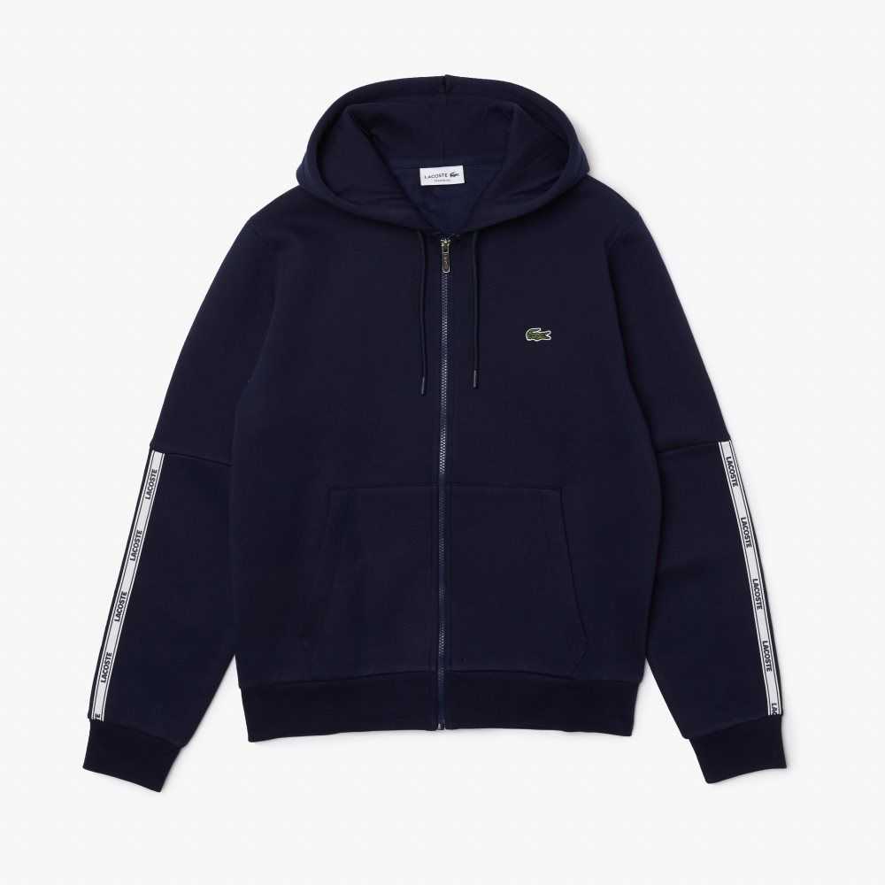 Navy Blue Lacoste Branded Bands Zippered Fleece Hoodie | RCAVEH-651