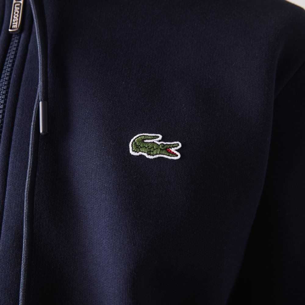 Navy Blue Lacoste Branded Bands Zippered Fleece Hoodie | RCAVEH-651