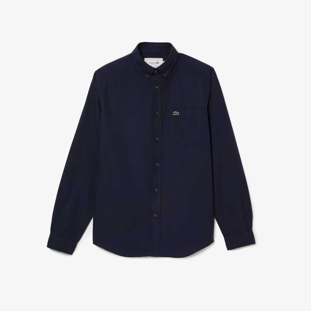 Navy Blue Lacoste Buttoned Collar Oxford Cotton Shirt | ZOTSPG-680