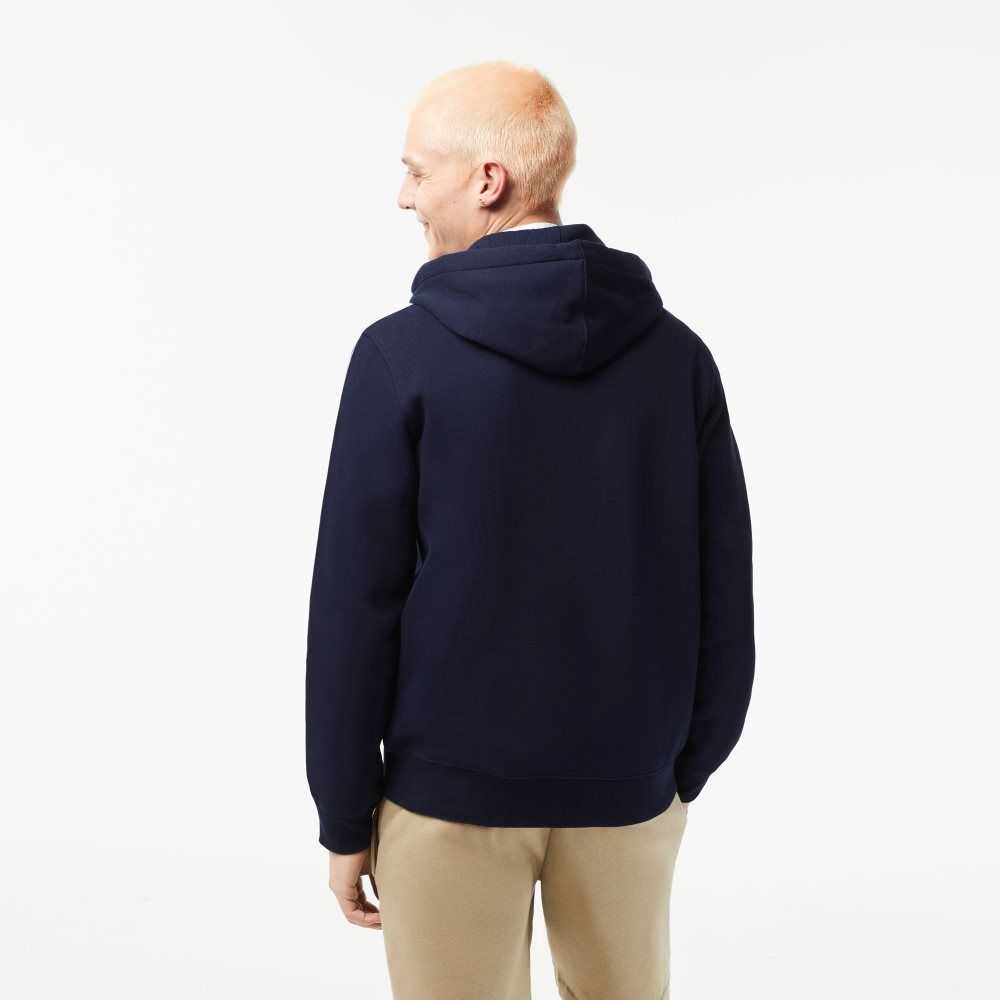 Navy Blue Lacoste Classic Fit Zipped Hoodie with Brand Stripes | EUKQIS-215