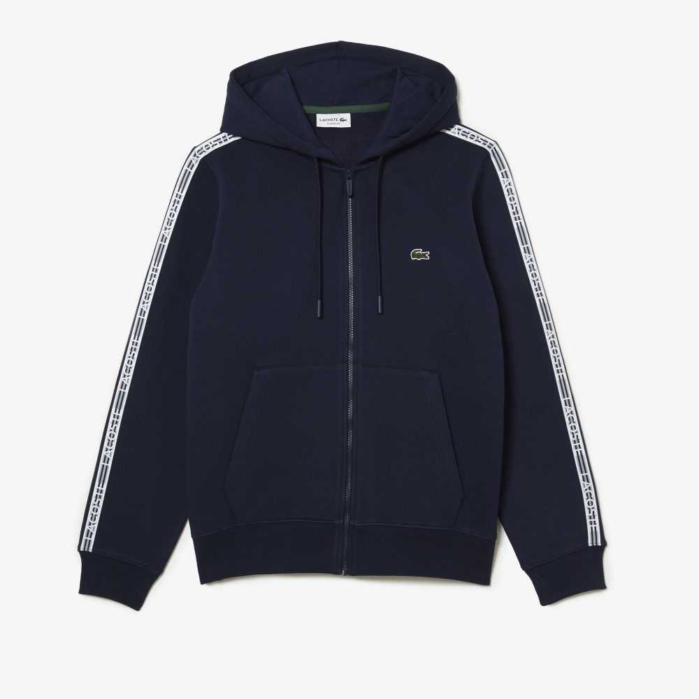 Navy Blue Lacoste Classic Fit Zipped Hoodie with Brand Stripes | EUKQIS-215