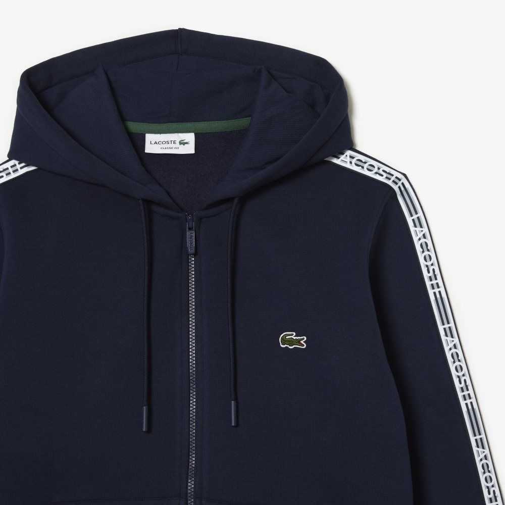 Navy Blue Lacoste Classic Fit Zipped Hoodie with Brand Stripes | EUKQIS-215