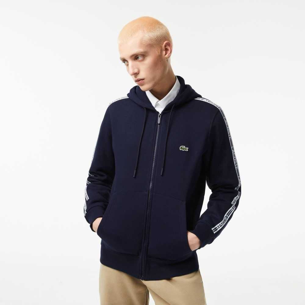 Navy Blue Lacoste Classic Fit Zipped Hoodie with Brand Stripes | EUKQIS-215