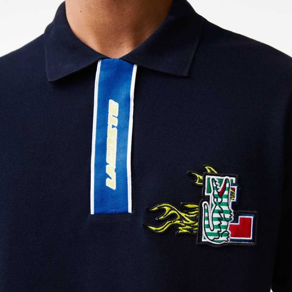 Navy Blue Lacoste Contrast Placket And Crocodile Badge Polo | PNAJXU-423