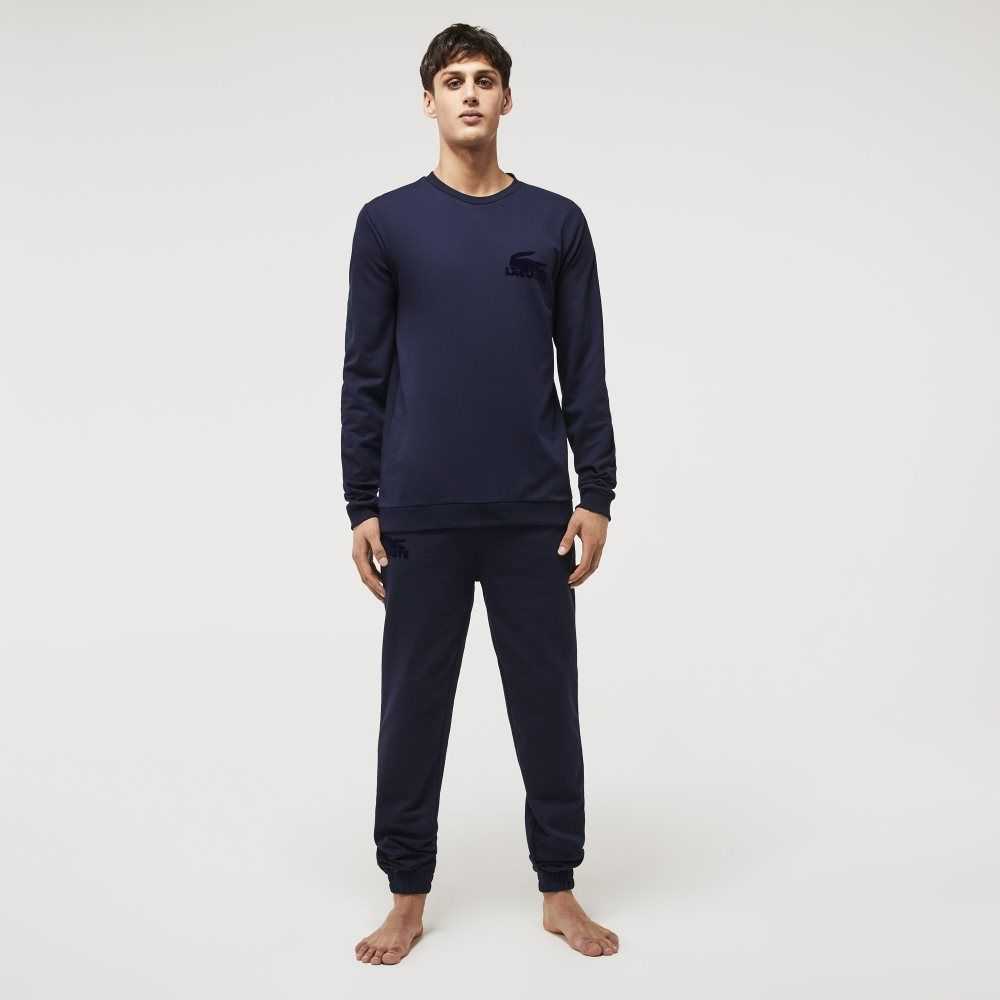 Navy Blue Lacoste Cotton Fleece Lounge Sweatshirt | VSUQAR-102