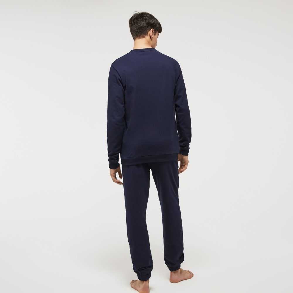 Navy Blue Lacoste Cotton Fleece Lounge Sweatshirt | VSUQAR-102