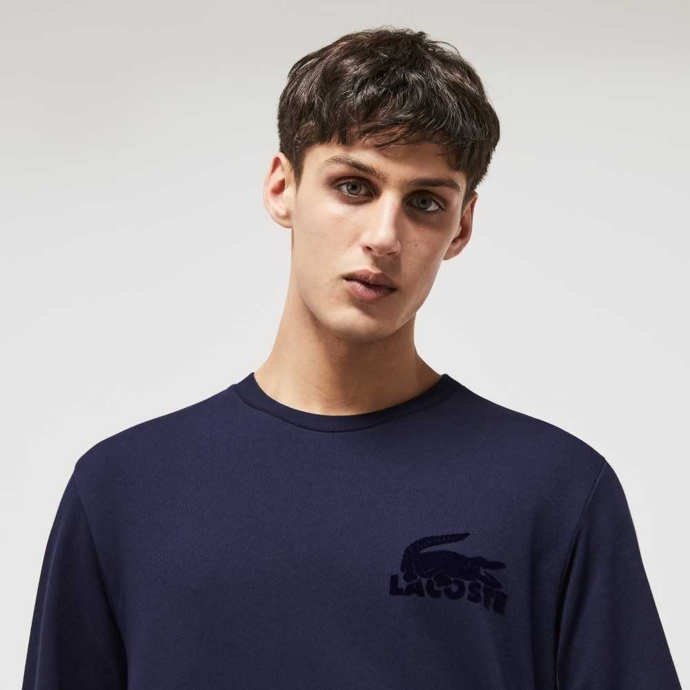 Navy Blue Lacoste Cotton Fleece Lounge Sweatshirt | VSUQAR-102