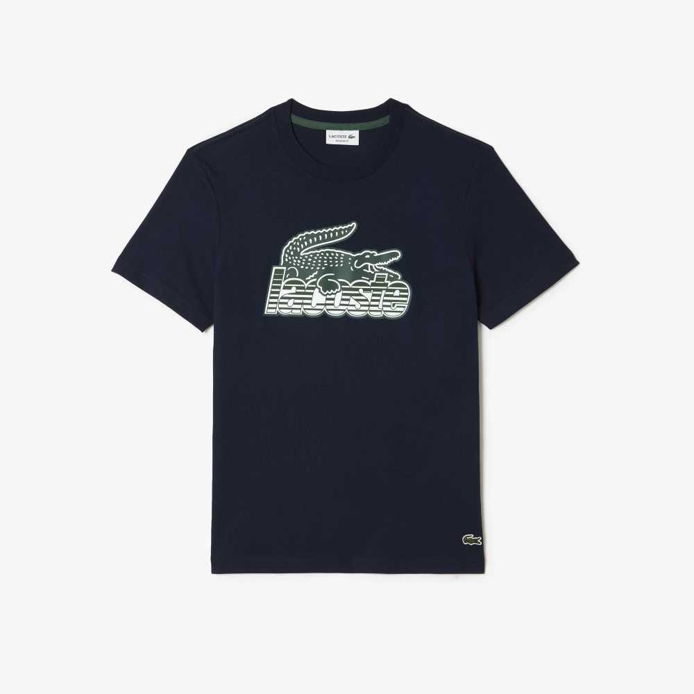 Navy Blue Lacoste Cotton Jersey Print T-Shirt | SIEMQY-574