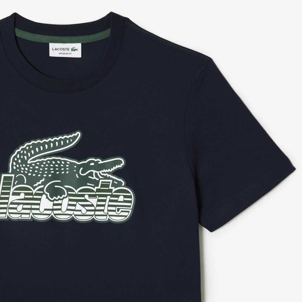 Navy Blue Lacoste Cotton Jersey Print T-Shirt | SIEMQY-574