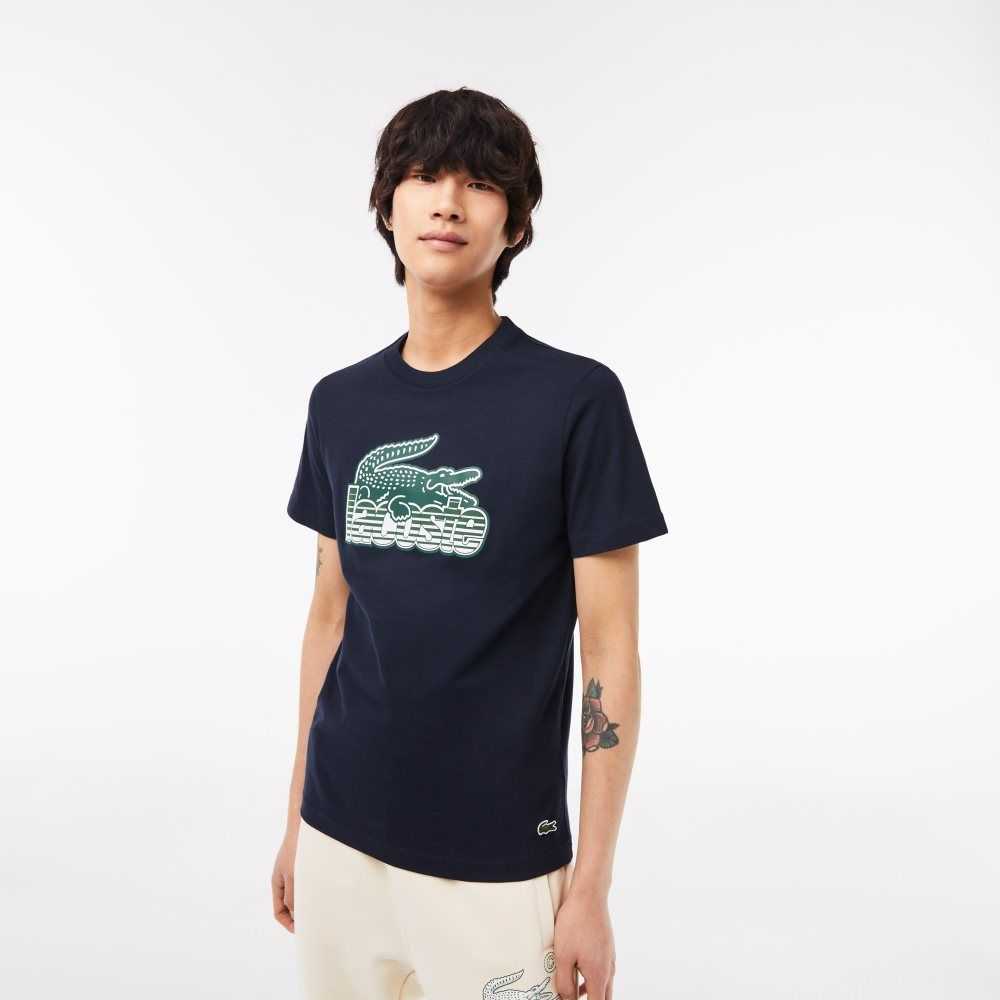 Navy Blue Lacoste Cotton Jersey Print T-Shirt | SIEMQY-574