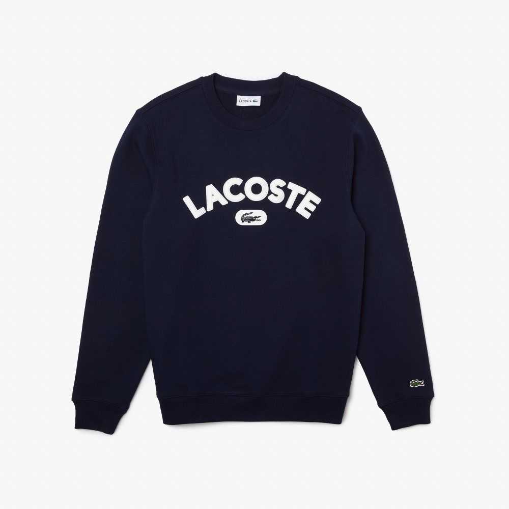 Navy Blue Lacoste Crew Neck Branded Terry Sweatshirt | MCSJLU-457