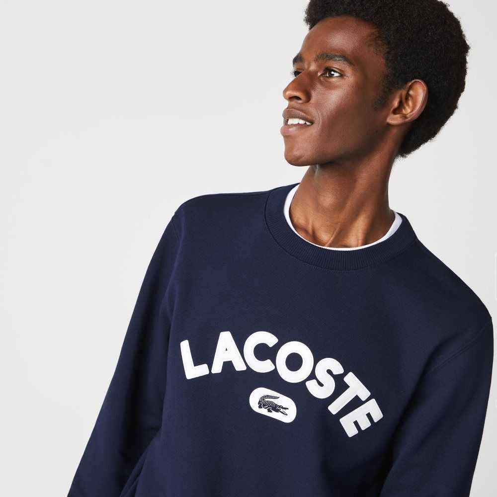 Navy Blue Lacoste Crew Neck Branded Terry Sweatshirt | MCSJLU-457