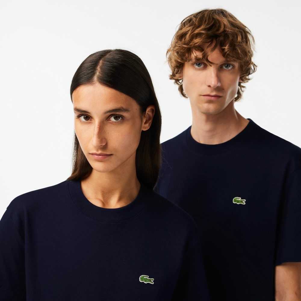 Navy Blue Lacoste Crew Neck Organic Cotton T-Shirt | XLGZNA-938