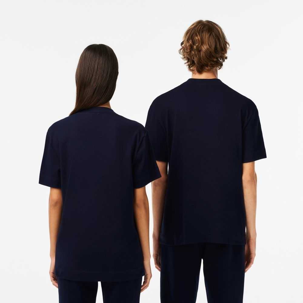 Navy Blue Lacoste Crew Neck Organic Cotton T-Shirt | XLGZNA-938