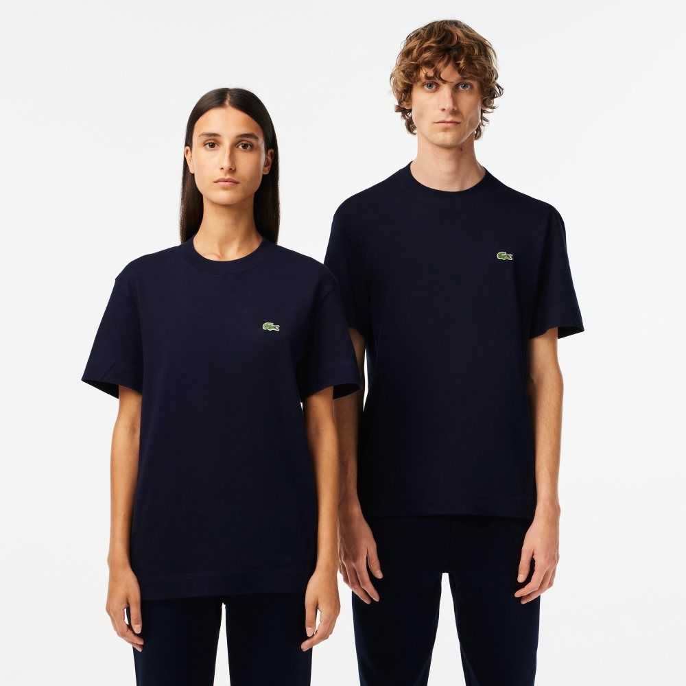 Navy Blue Lacoste Crew Neck Organic Cotton T-Shirt | XLGZNA-938