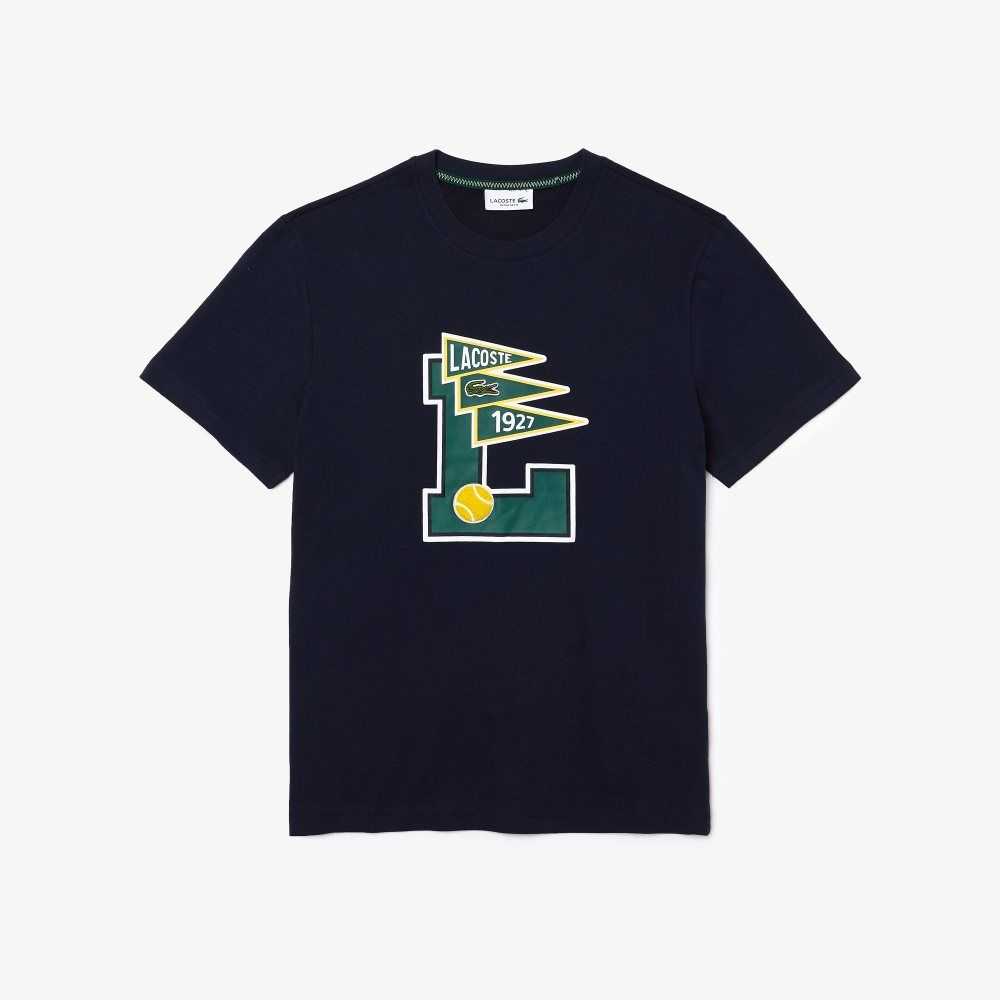 Navy Blue Lacoste Crew Neck Pennants L Badge Cotton T-Shirt | EZTSWV-925