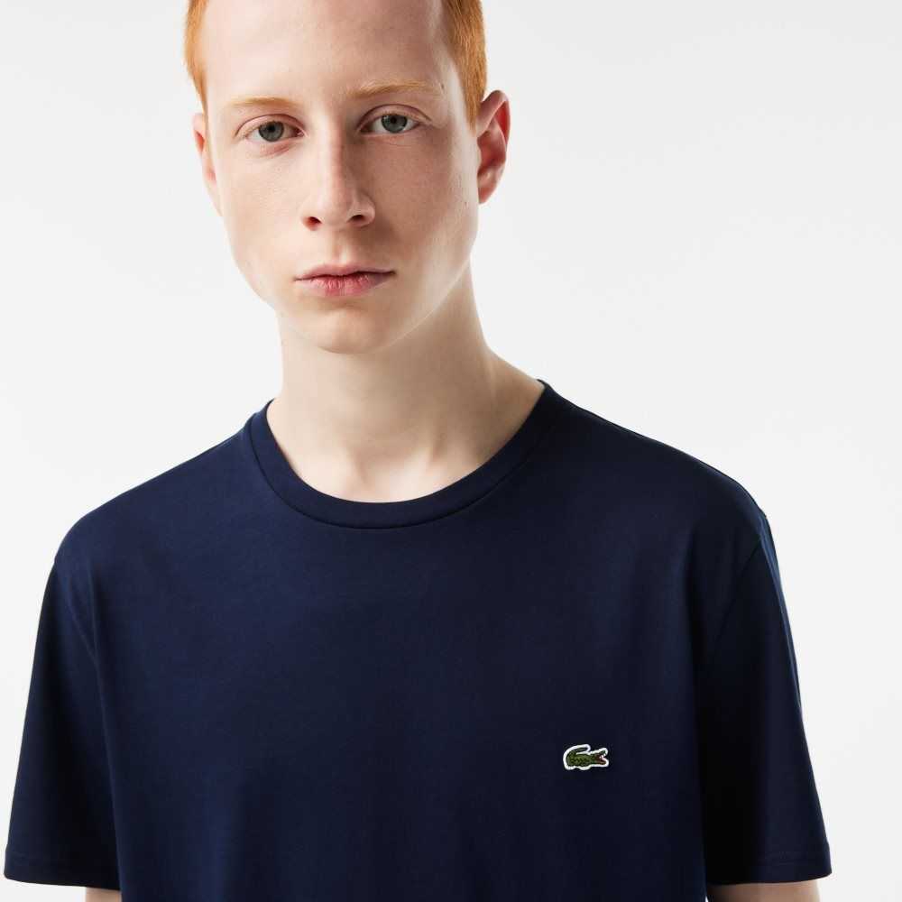 Navy Blue Lacoste Crew Neck Pima Cotton Jersey T-Shirt | XWMPTG-098