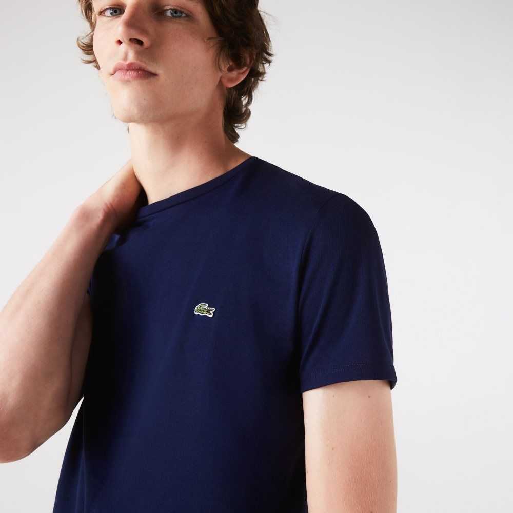 Navy Blue Lacoste Crew Neck Pima Cotton Jersey T-Shirt | XWMPTG-098