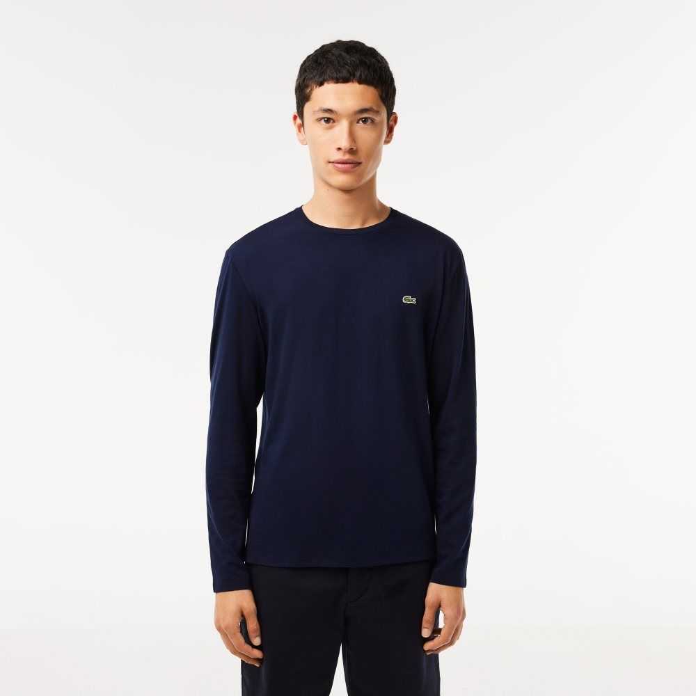 Navy Blue Lacoste Crew Neck Pima Cotton Jersey T-Shirt | ZBTRSV-780