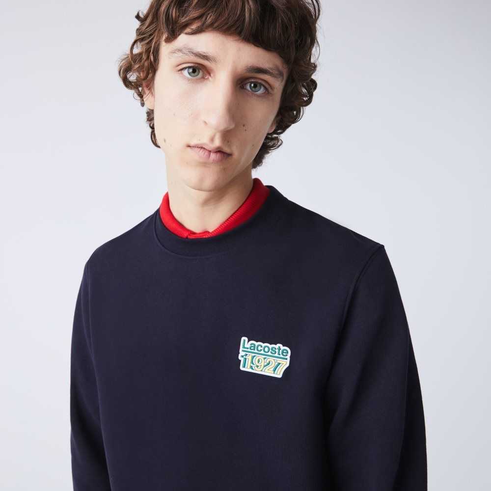 Navy Blue Lacoste Crew Neck Vintage Badge Fleece Sweatshirt | NCEWFM-163