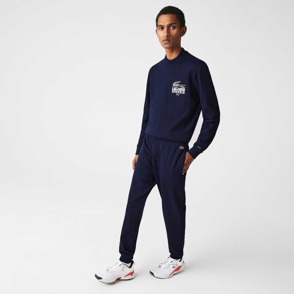 Navy Blue Lacoste Crocodile Branding Cotton Fleece Jogging Pants | ZPVFUK-783