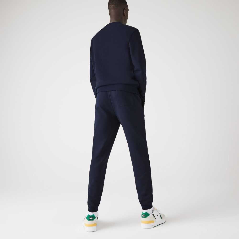 Navy Blue Lacoste Crocodile Branding Cotton Fleece Jogging Pants | ZPVFUK-783