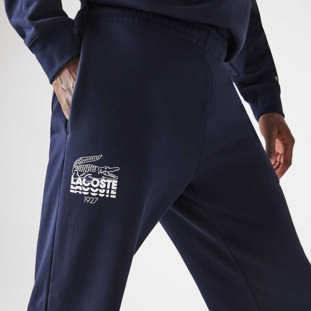 Navy Blue Lacoste Crocodile Branding Cotton Fleece Jogging Pants | ZPVFUK-783