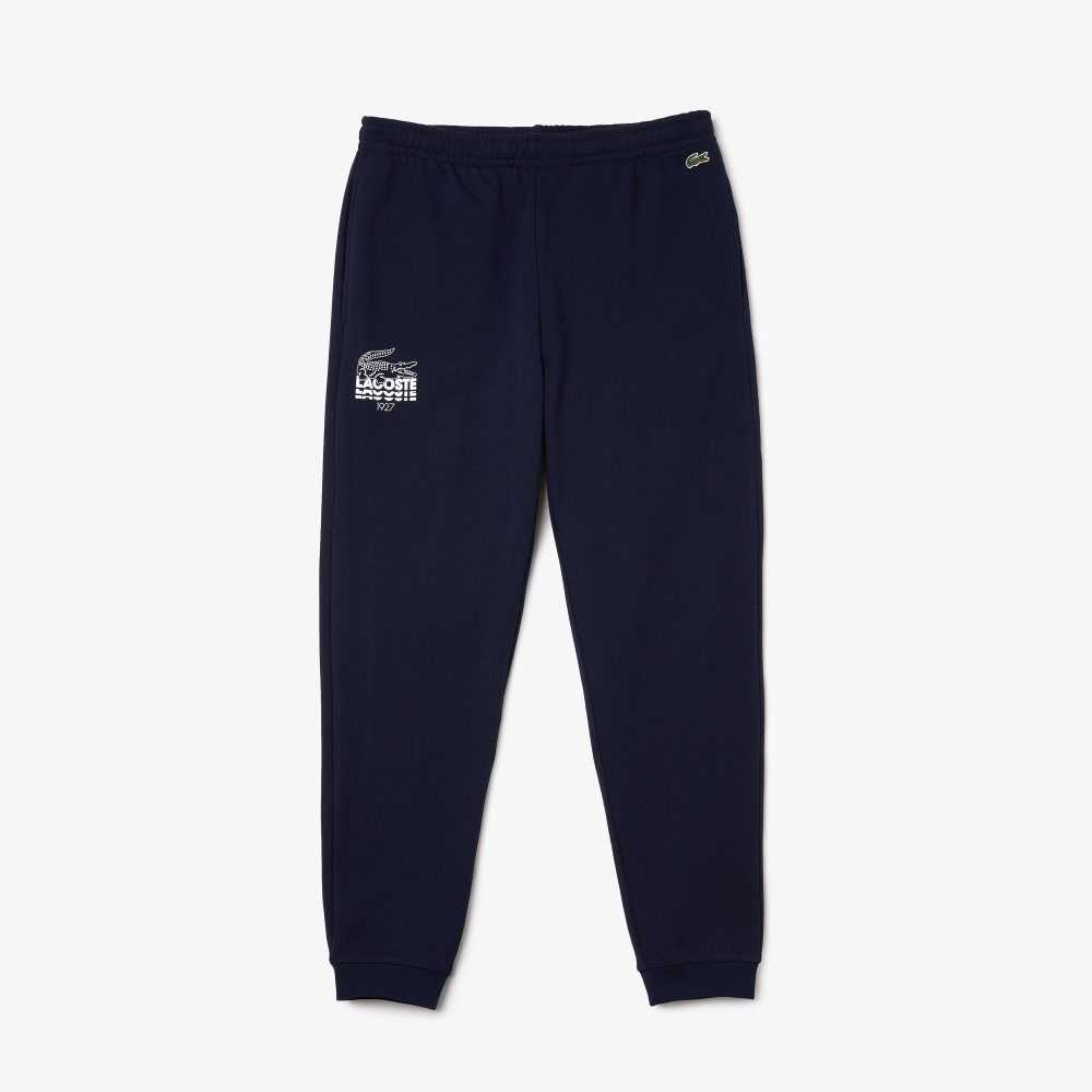 Navy Blue Lacoste Crocodile Branding Cotton Fleece Jogging Pants | ZPVFUK-783