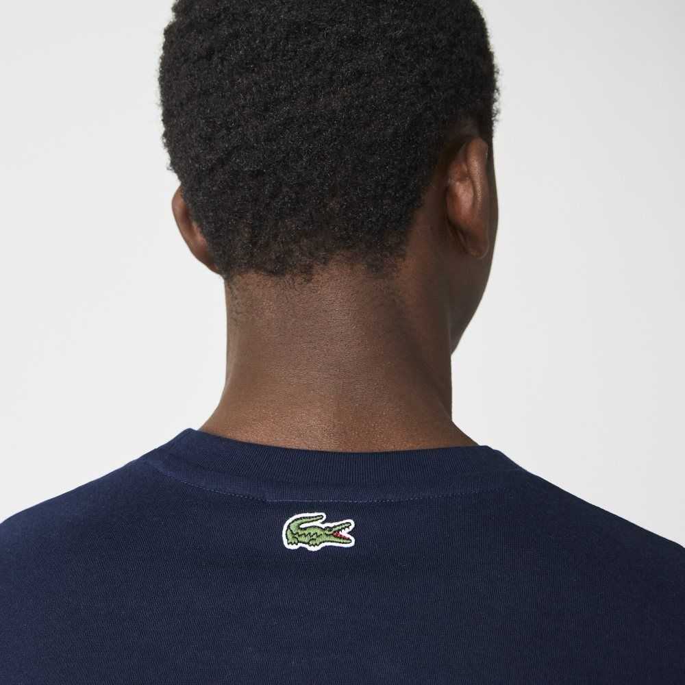 Navy Blue Lacoste Crocodile Branding Crew Neck Cotton T-Shirt | BTICUH-047