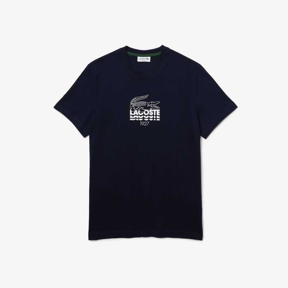 Navy Blue Lacoste Crocodile Branding Crew Neck Cotton T-Shirt | BTICUH-047