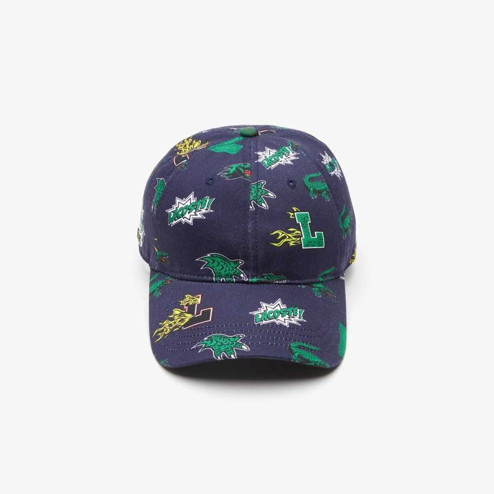 Navy Blue Lacoste Crocodile Print Cap | VBTMUF-763