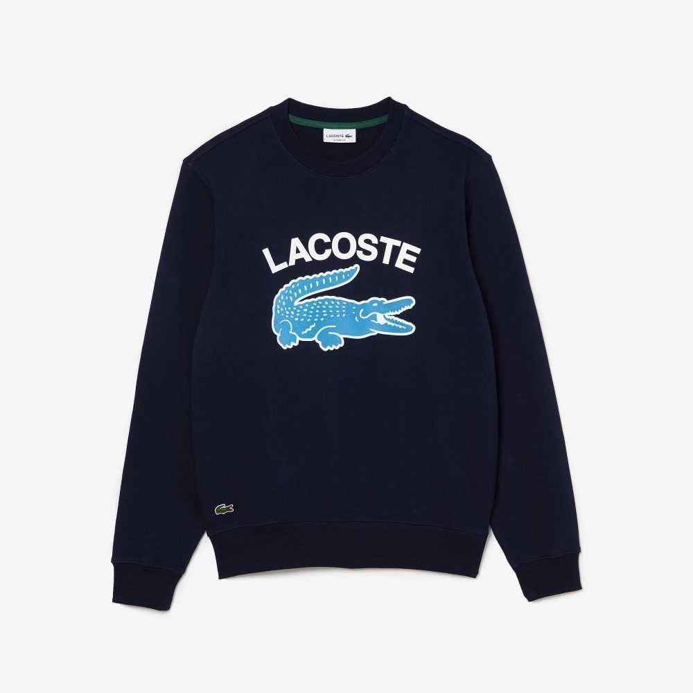 Navy Blue Lacoste Crocodile Print Crew Neck Sweatshirt | DJRSXN-357