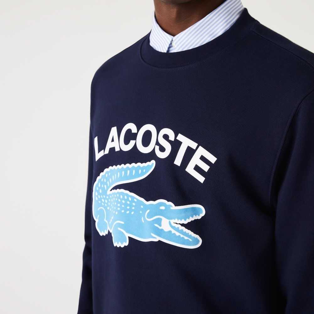 Navy Blue Lacoste Crocodile Print Crew Neck Sweatshirt | DJRSXN-357