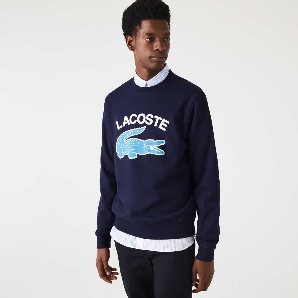 Navy Blue Lacoste Crocodile Print Crew Neck Sweatshirt | DJRSXN-357