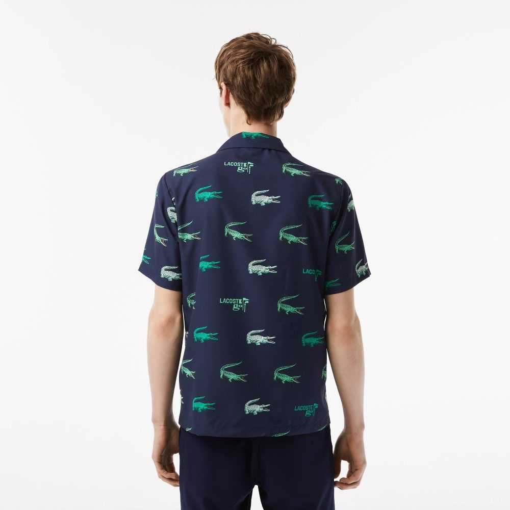 Navy Blue Lacoste Golf Printed Short-Sleeve Shirt | INHEKX-046