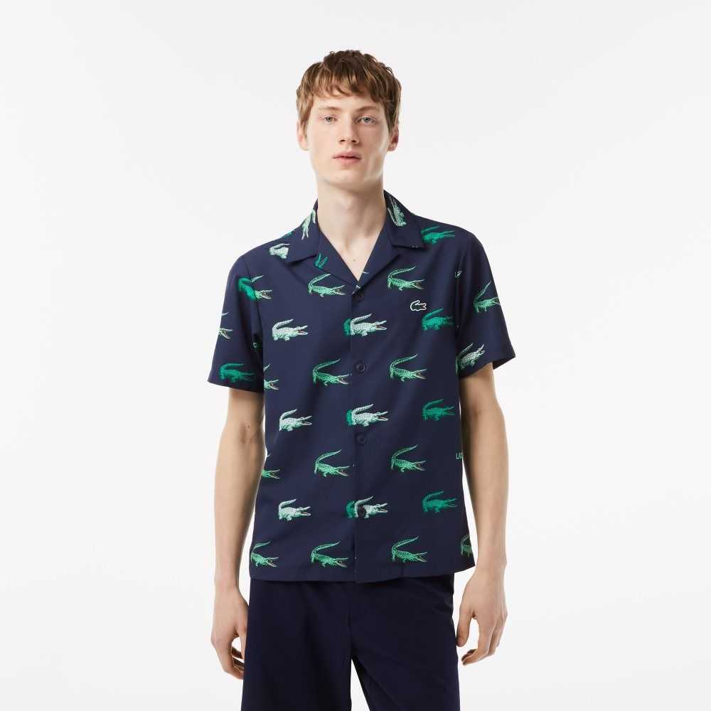 Navy Blue Lacoste Golf Printed Short-Sleeve Shirt | INHEKX-046