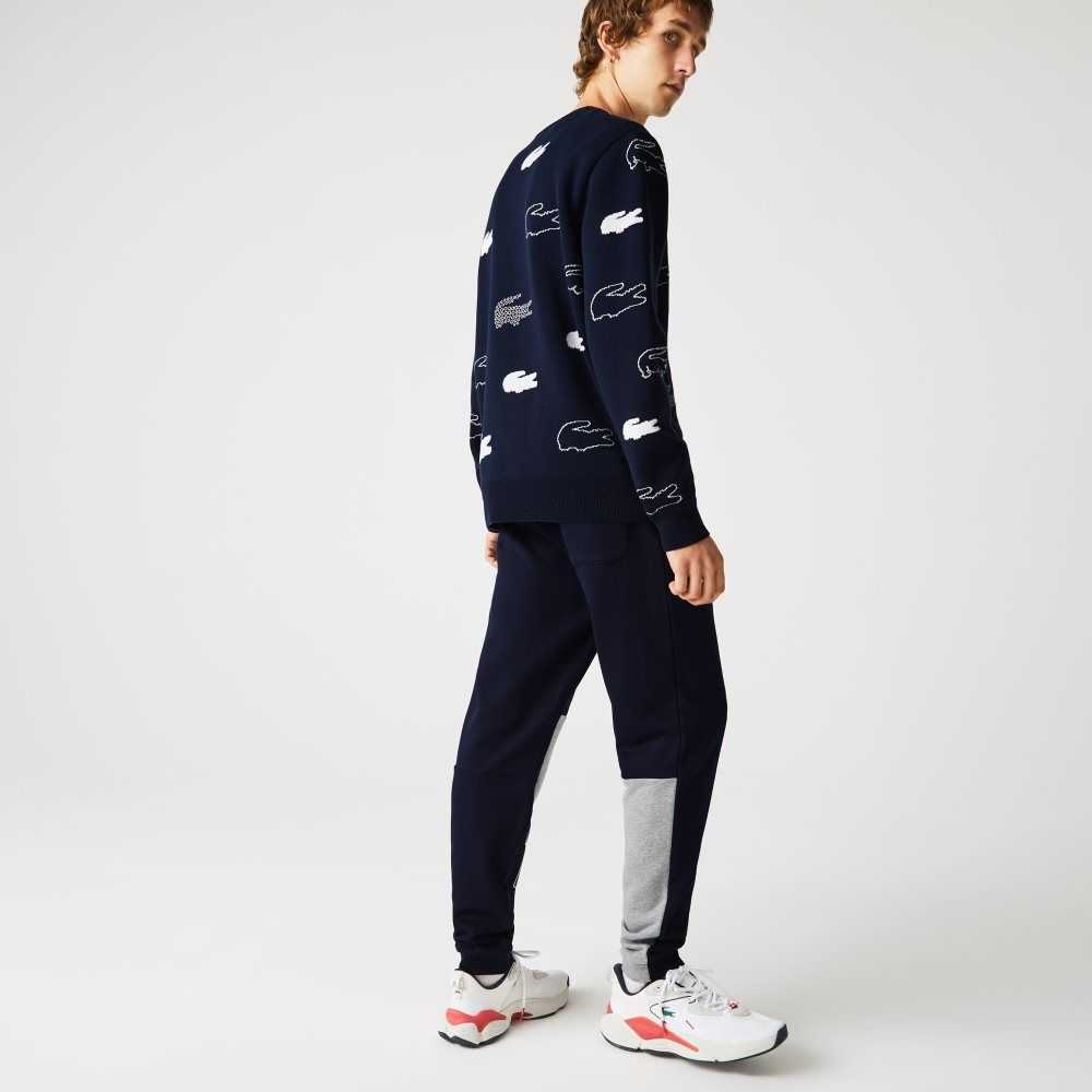 Navy Blue Lacoste Heritage Destructured Branding Cotton Fleece Jogging Pants | OQMNKF-864