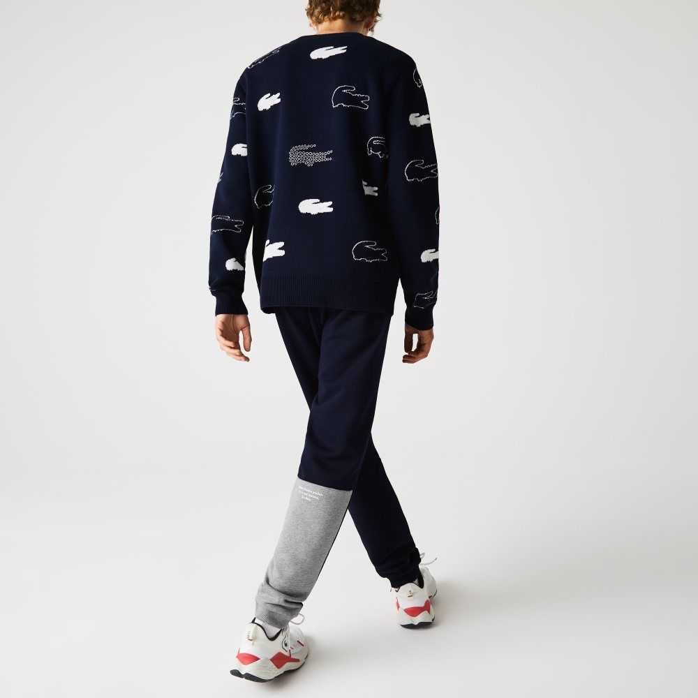 Navy Blue Lacoste Heritage Destructured Branding Cotton Fleece Jogging Pants | OQMNKF-864