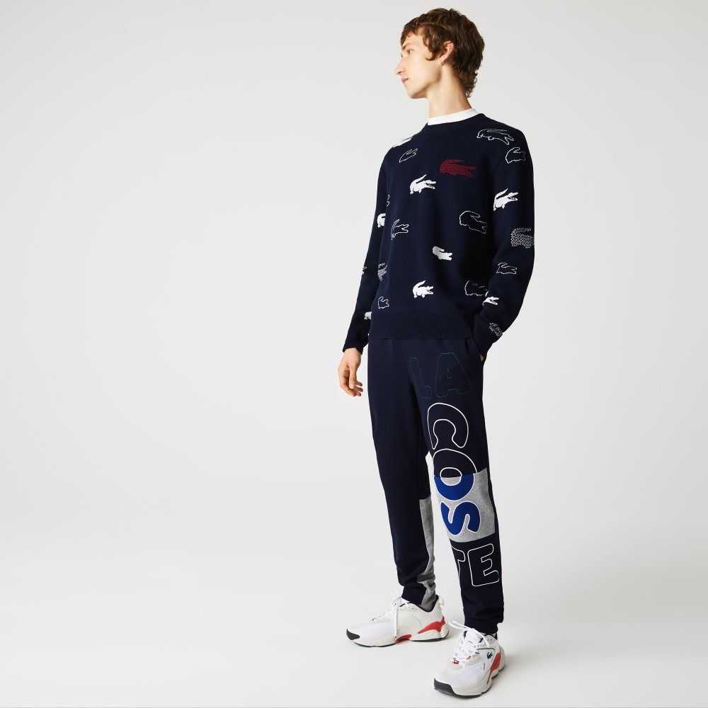 Navy Blue Lacoste Heritage Destructured Branding Cotton Fleece Jogging Pants | OQMNKF-864