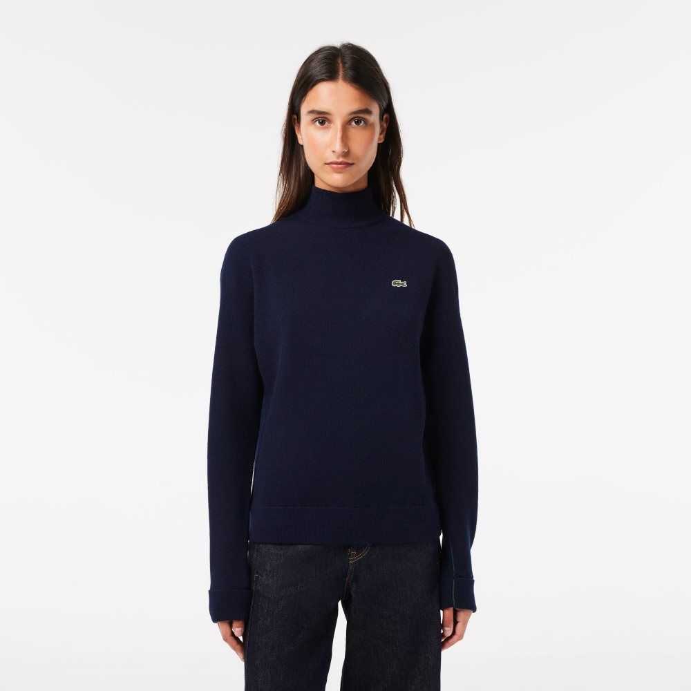 Navy Blue Lacoste High-Neck Wool Sweater | HISZJO-163