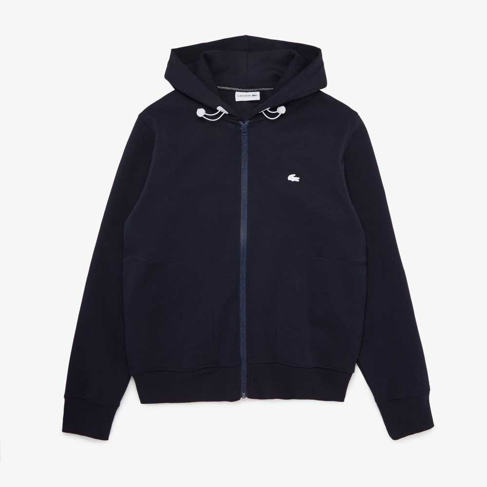 Navy Blue Lacoste Hooded Cotton Blend Lettered Zip Sweatshirt | EJXFTU-076