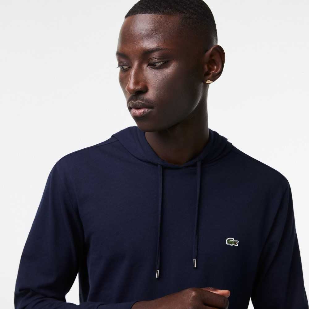 Navy Blue Lacoste Hooded Cotton Jersey Sweatshirt | LOXICU-260