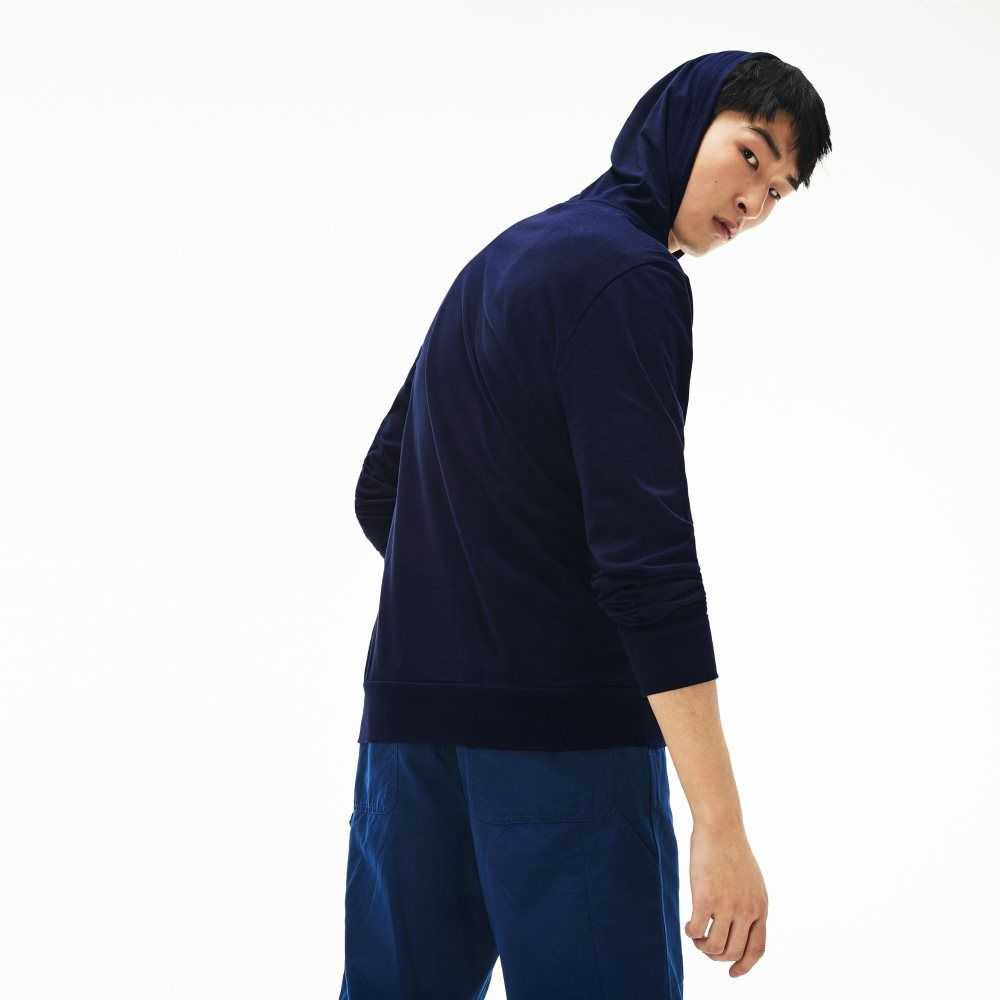 Navy Blue Lacoste Hooded Cotton Jersey Sweatshirt | LOXICU-260