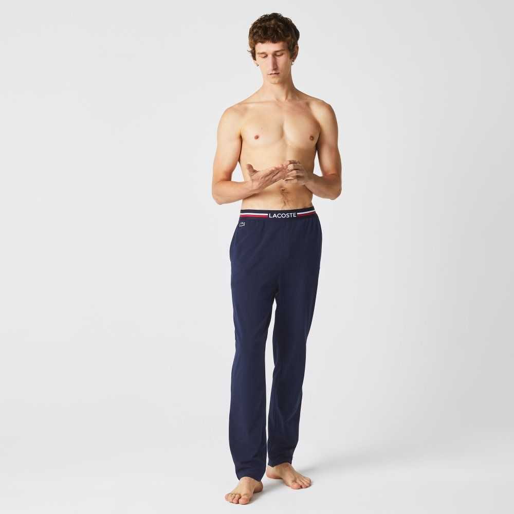 Navy Blue Lacoste Jersey Three-Tone Waistband Pajama Pants | VIWADR-451