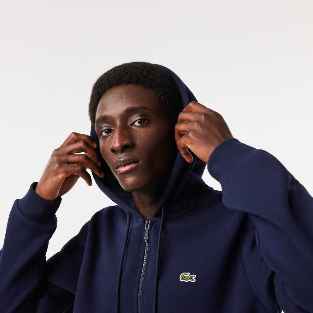 Navy Blue Lacoste Kangaroo Pocket Fleece Zipped Sweatshirt | IDXUSH-705