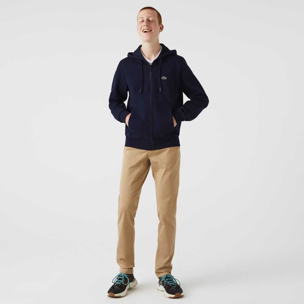 Navy Blue Lacoste Kangaroo Pocket Fleece Zipped Sweatshirt | IDXUSH-705